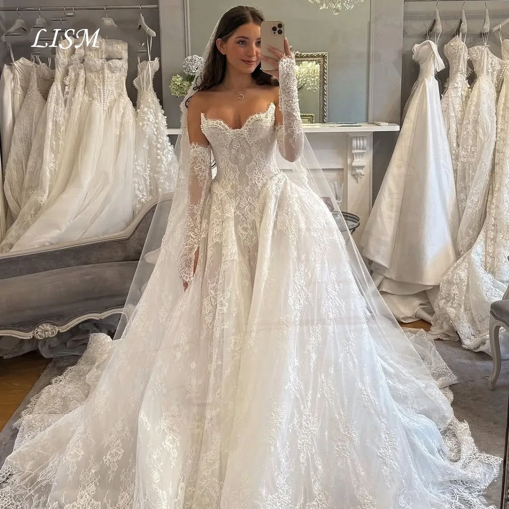 LISM Oine Weißes, elegantes Spitzenhochzeitskleid, herzförmiges Korsett, Korsett, Schnürung, Schleppe, böhmische Brautkleider, individuelle formelle Anlässe