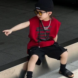 Summer Fashion Baby Red Sleeveless Set Boys Top Tshirt+Shorts 2pcs Children Set Casual Sportswear 2PCS Streetwear Clothing