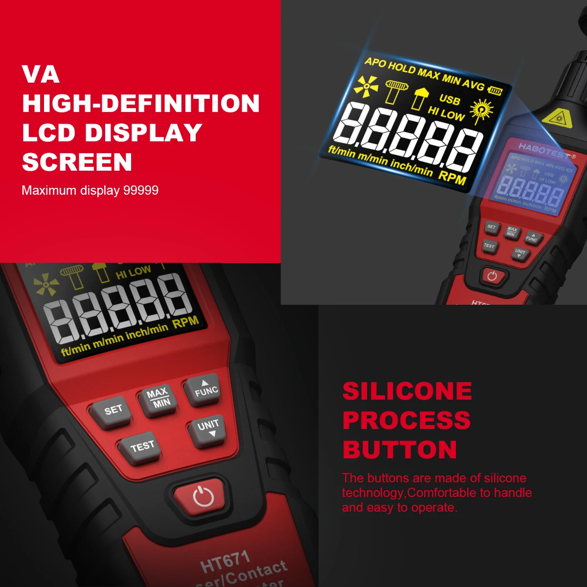 HABOTEST HT671 2-in-1 Kontakt- und Berührungsloser Laser-Tachometer (umschaltbarer Modus) 10-99999 Zählbereich Wiederaufladbarer Tachometer – Detail 13