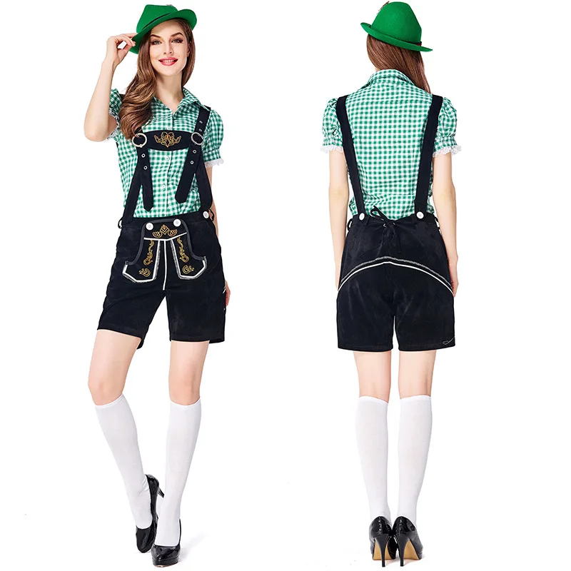 Women Embroidered Suspenders Lederhosen and Plaid Shirt Suit Germany Oktoberfest Costume Bavarian Carnival Cosplay Party Dress