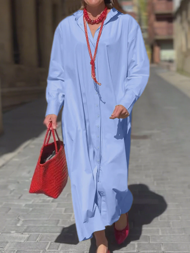 Plus Size 5XL VONDA Women Long Sleeve Shirt Dresses Fashion Lapel Buttons Casual Maxi Vestidos Solid Color Loose Party Sundress