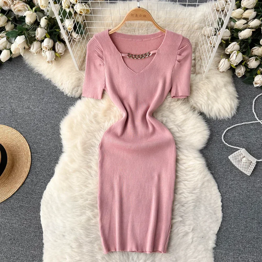 Chain Design Knitted Summer Dress Fashion Short Sleeves Korean Slim Dress Women Streetwear Elastic Short Party Mini Dress