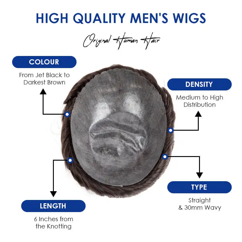 Full Thin Skin 0.10mm PU Men\'s Wigs Durable Wigs For Men System Unit Capillary Prosthesis System Wig 100% Natural Human Hair