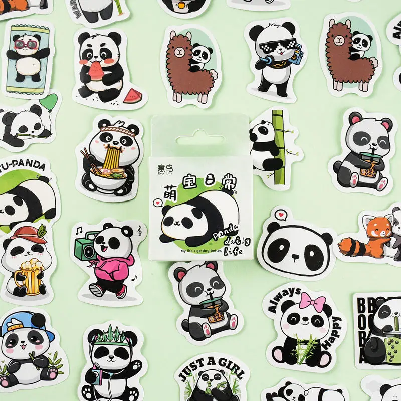 Etori Life 46pcs PVC Cartoon Cute Chinese National Treasure Giant Panda Collage Pattern Student DIY Diaries Decoration Stickers