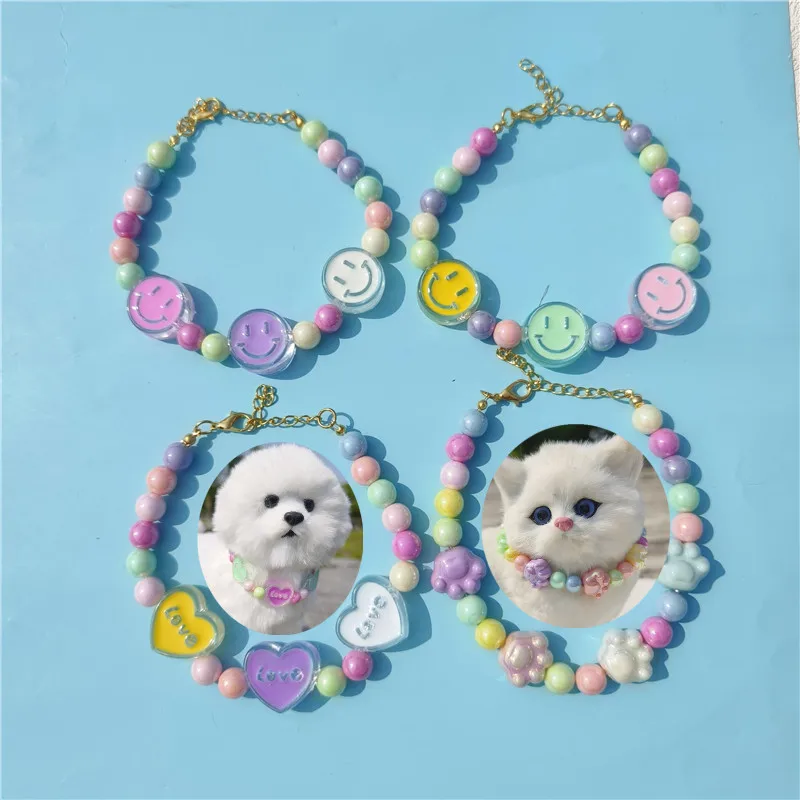 

Pet Collar Heart Paw Shape Decor Accessory Multi-color Fashion Dogs Collar Colorful Pearls Necklace Pet Grooming Accessory