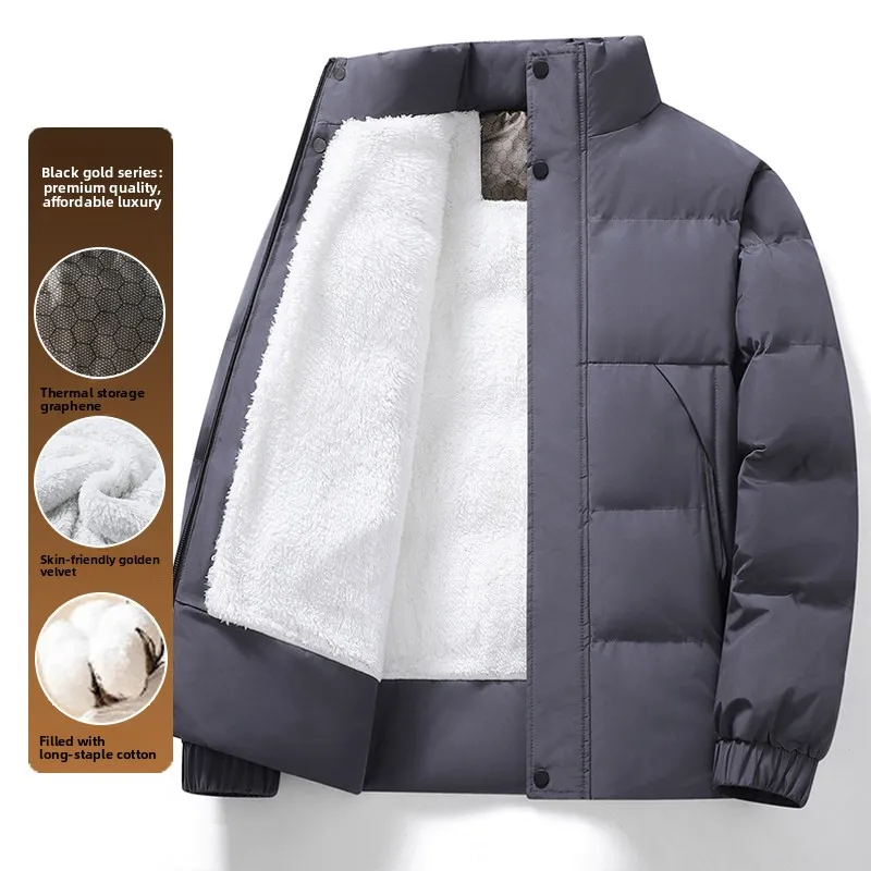 

Men's Winter Thiened aphene Cotton Jaet Stand Collar Windproof Warmth Lamb Velvet Fce Lined Long Sve Zipper Closure