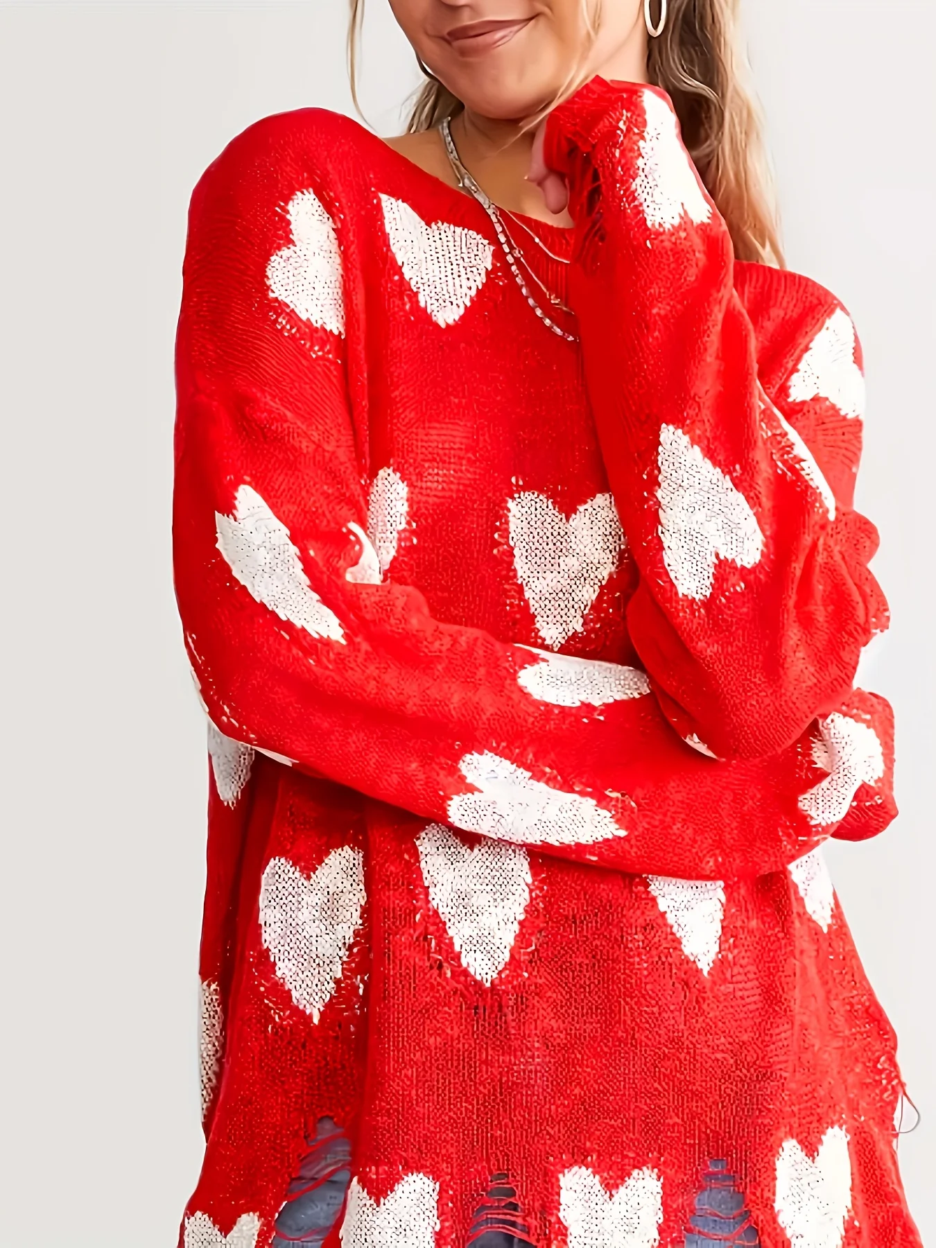 Women's Plus Size Red Heart Print Knit Sweater Oversized Loose Fit Distressed Hem Long Sleeve Spring Autumn