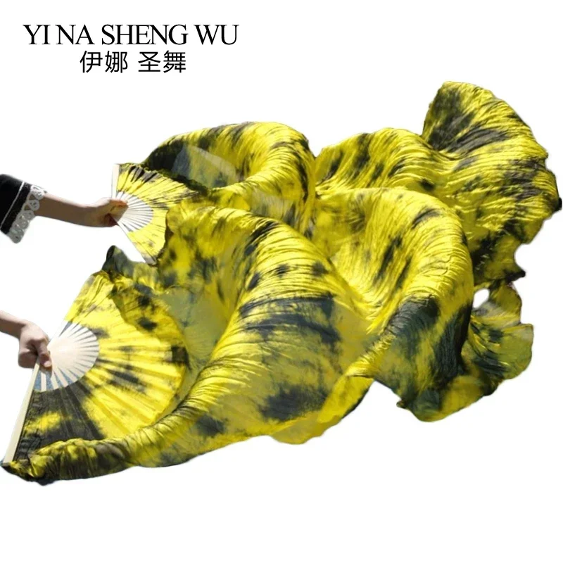 Preto amarelo cor misturada fãs de dança do ventre gravata artesanal tingida 100% leques de seda real 1 par 180x90cm feminino dança do ventre longo leques de seda