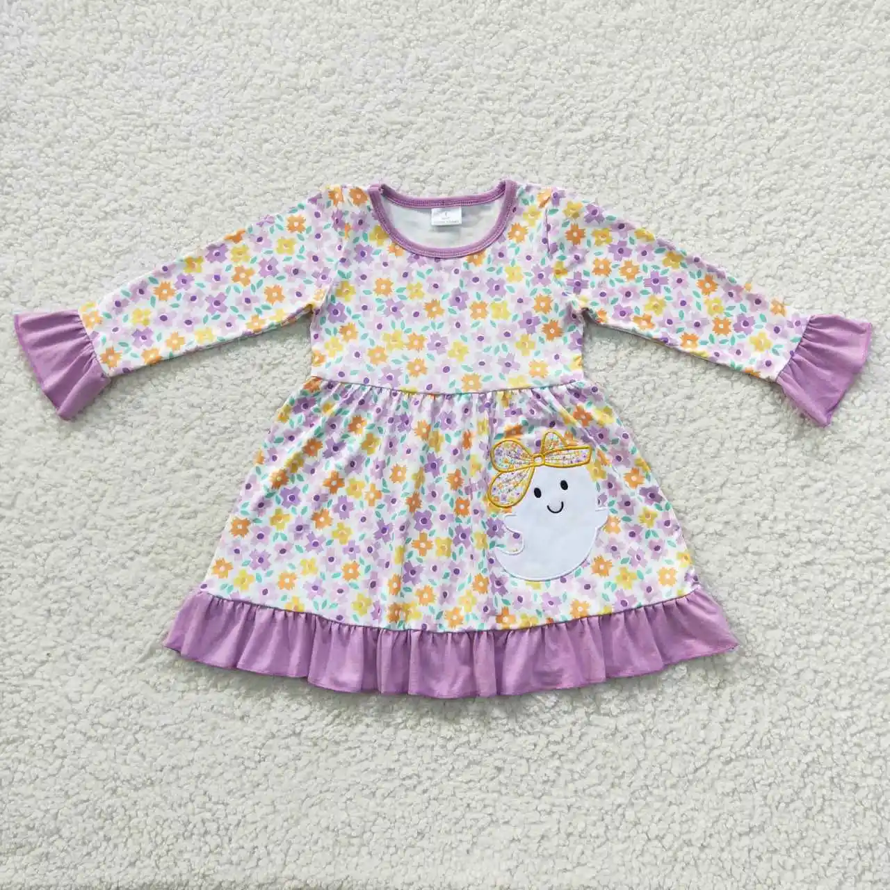 8.05 GLD0220 Kids Halloween Clothes Long Sleeve Ghost Print Milk Silk Boutique Baby Girl Dress