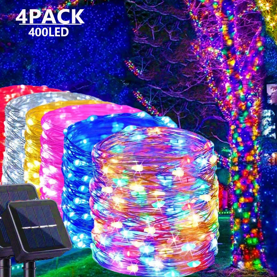 4 paczki 400 LED lampa słoneczna lampa zewnętrzna łańcuchy świetlne na świąteczne przyjęcie bożonarodzeniowe wodoodporne bajkowe oświetlenie girlanda ogrodowa miedź