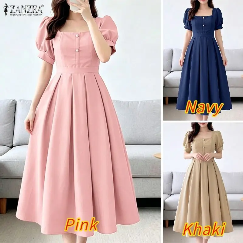 ZANZEA Elegantes Damen-Party-Midikleid mit umgekehrten Falten, quadratischer Ausschnitt, Puffärmel, A-Linien-Kleider, Sommerkleid, Dete Night Vestidos – Detail 6
