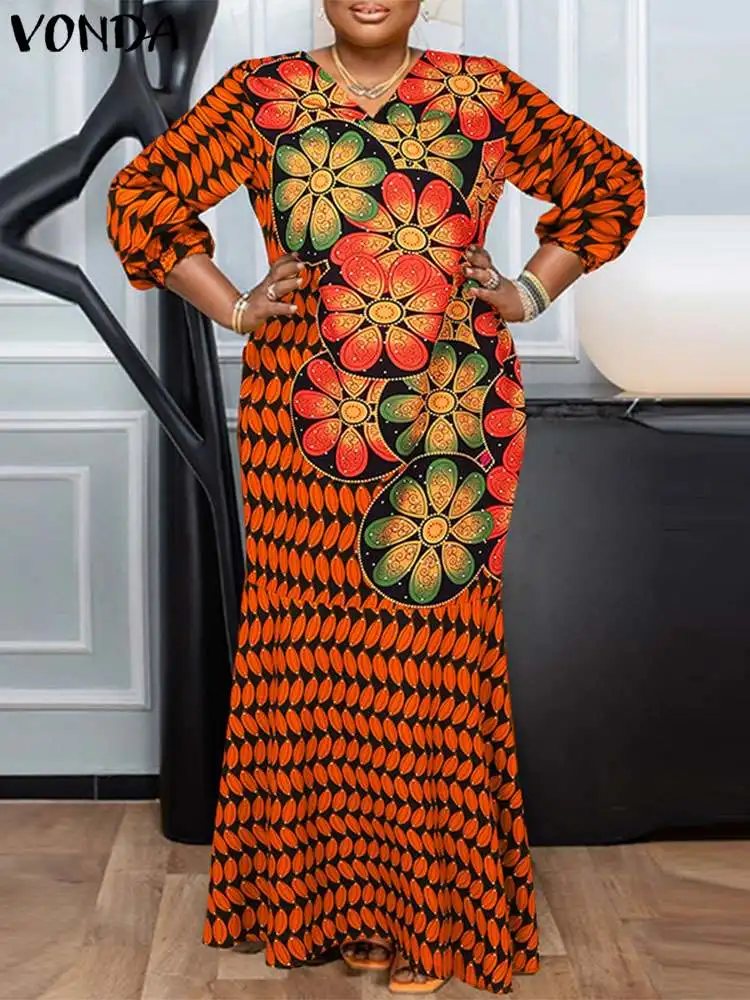 Plus Size VONDA Women Evening Dress 2024 Sexy V Neck Long Lantern Sleeve Sundress Vintage Floral Printed African Dress Vestido