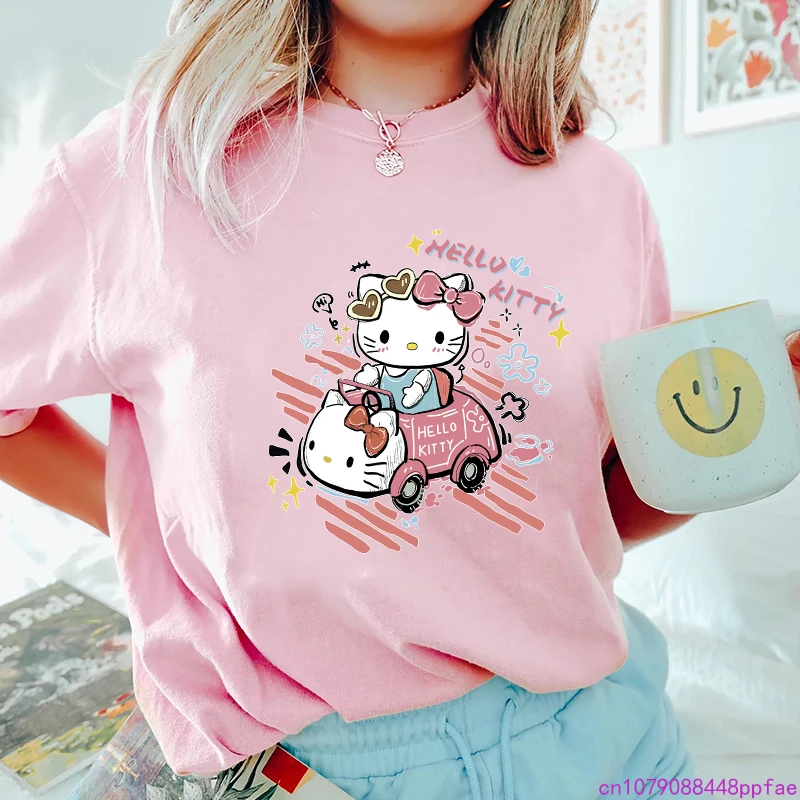 

Женская футболка с милым принтом «Hello Kitty», повседневная удобная женская футболка высокого качества, топ