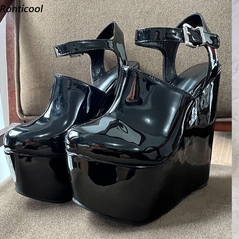 Ronticool Real Photos Women Pumps Buckle  Strap Sexy Wedges Heels Round Toe Classics Black Party Shoes Ladies US Plus Size 5-15