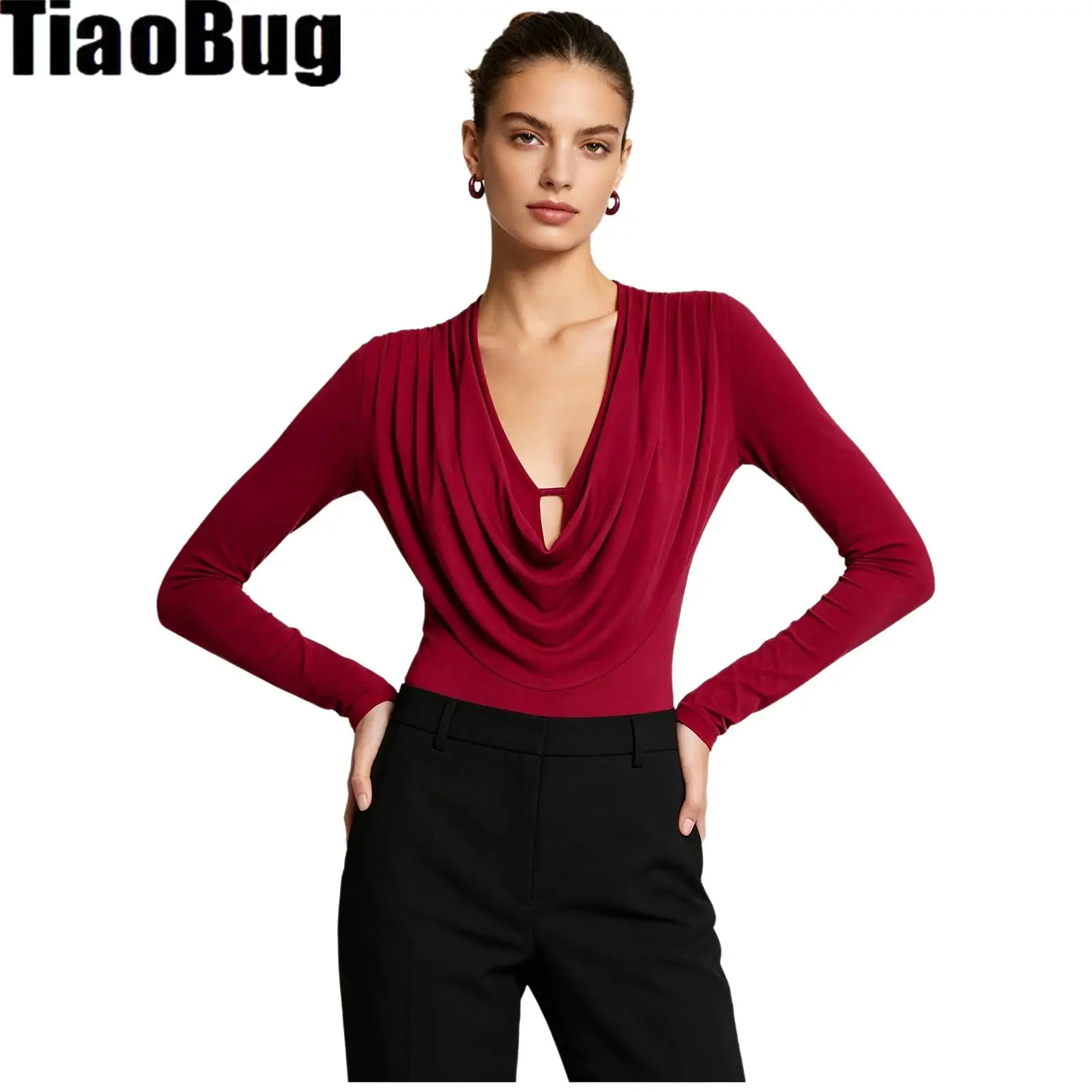 Women Cowl Neck Leotard V Neck Waterfall Collar Drape Front Long Sleeve Buttoned Crotch Bodysuit Top for Daily Work