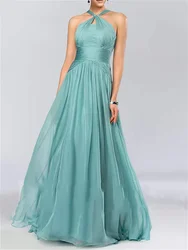 A-Line Bridesmaid Dress Halter Neck Sleeveless Elegant Floor Length Chiffon with Pleats Draping 2022 Wedding Guest Women