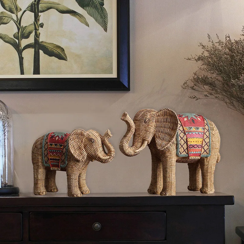 Hot Sale Rattan Pattern Elephant TV Cabinet Ornament Living Room Wine Cabinet Entrance Resin Crafts Ornament