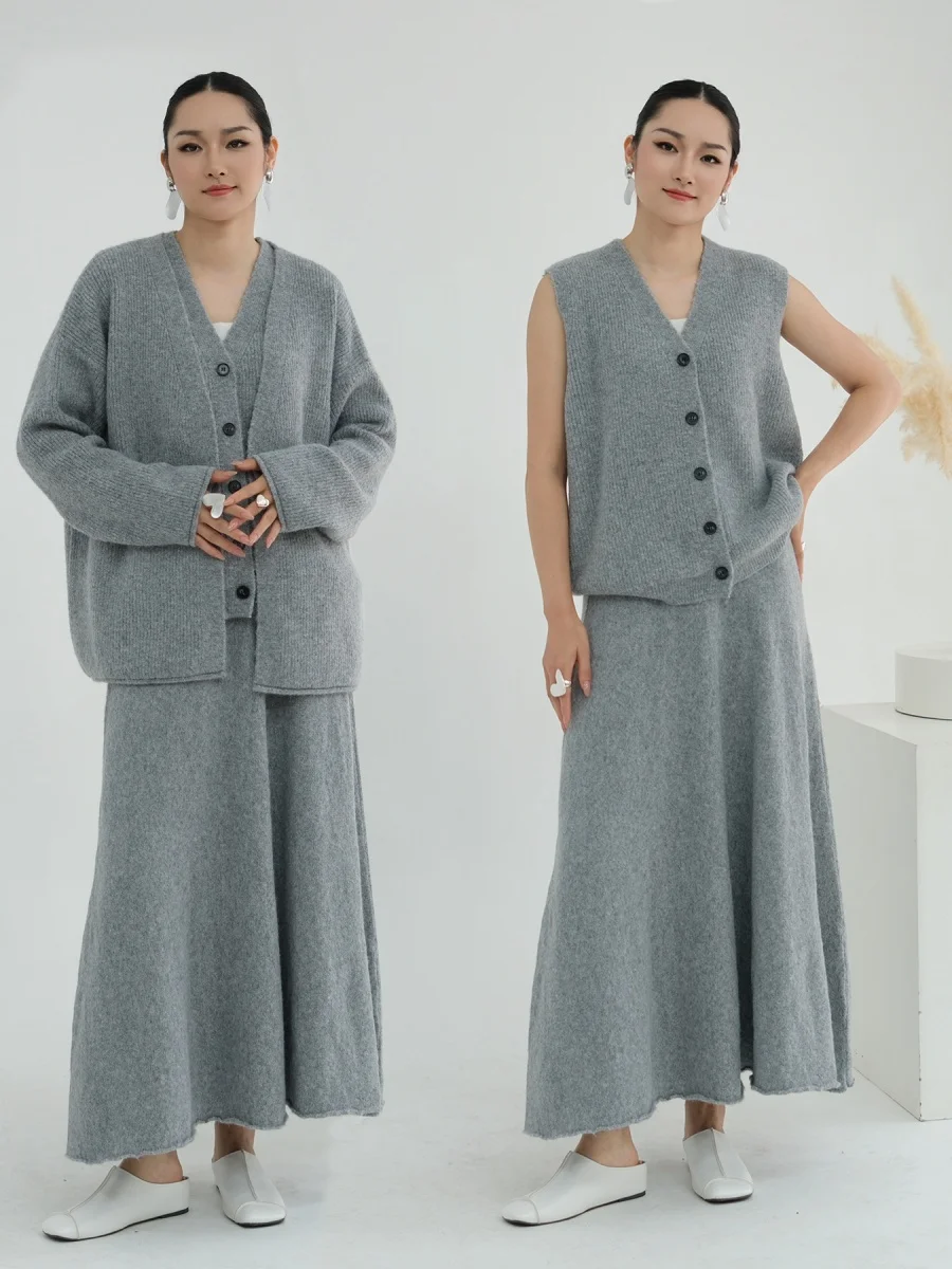 Femmes musulmanes dubaï Abayas Robe modeste hiver épais tricoté ensemble couleur unie trois pièces ensemble Islam Robe Femme caftan ensemble de vêtements