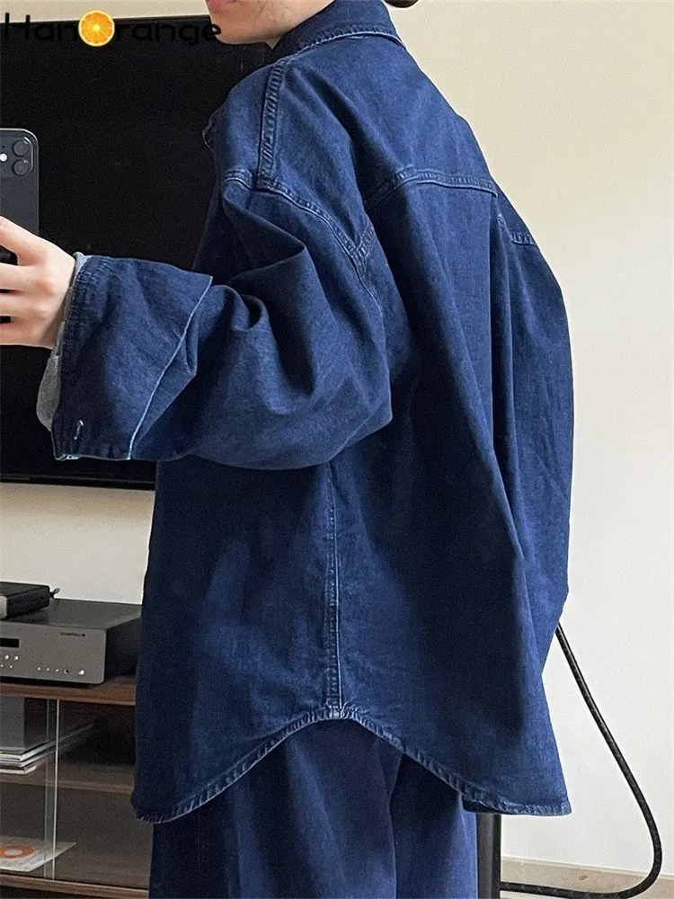 HanOrange 2024 Early Spring Simple Fashion Denim Shirt Women Loose Silhouette Casual Jacket Female Dark Blue