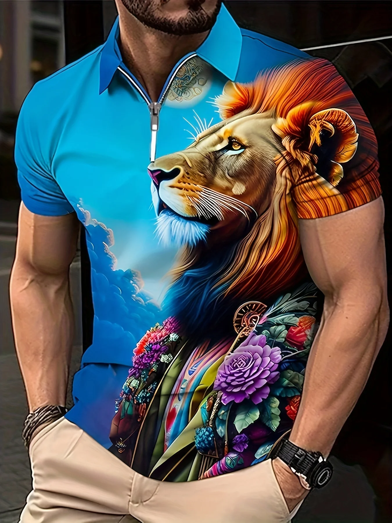 Anime Lion Head Digital Printing Men Shirt Short Sleeve Trendy Gradient T Shirt Lapel Golf Shirt Summer Quality Outdoor Clothing