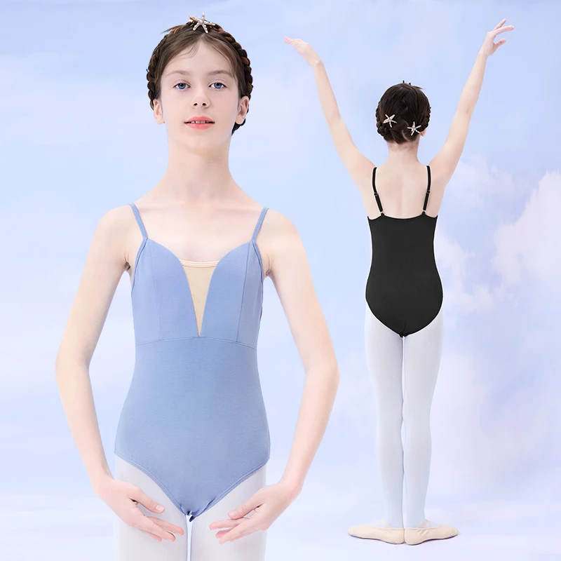 สาววัยรุ่นบัลเล่ต์ Leotard ตาข่าย Splice ยิมนาสติก Leotards บัลเล่ต์เต้นรำ Bodysuit แขนสั้นสีดำเด็กเครื่องแต่งกายบัลเล่ต์