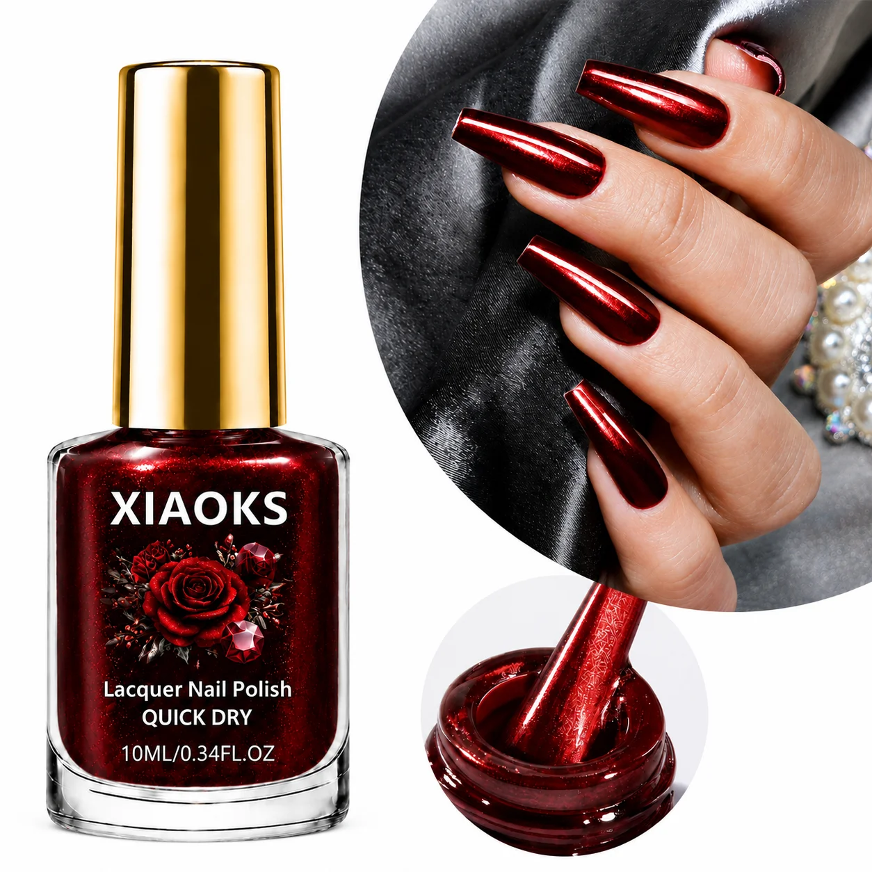 Xiaoks Retro Red Rose Wine Red Fine Glitter Nail Polish, Fine Glitter Powder Imported from Hungary, Naturally Air-Dries Without Needing to Be Baked, Cool and Elegant Wine Red Shade That Enhances Complexion, Full and Glossy Nail Surface, Nail Art Item for a Festive Evening Vibe, Film-Forming Surface That Resists Daily Friction, Scratch-Resistant, Color Adheres Firmly to the Nail Surface, Does Not Peel Off Easily, Suitable for DIY Nail Art at Home, Can Easily Create a Refined Nail Surface, Suitable for Dates, Evening Events, and Holiday Parties