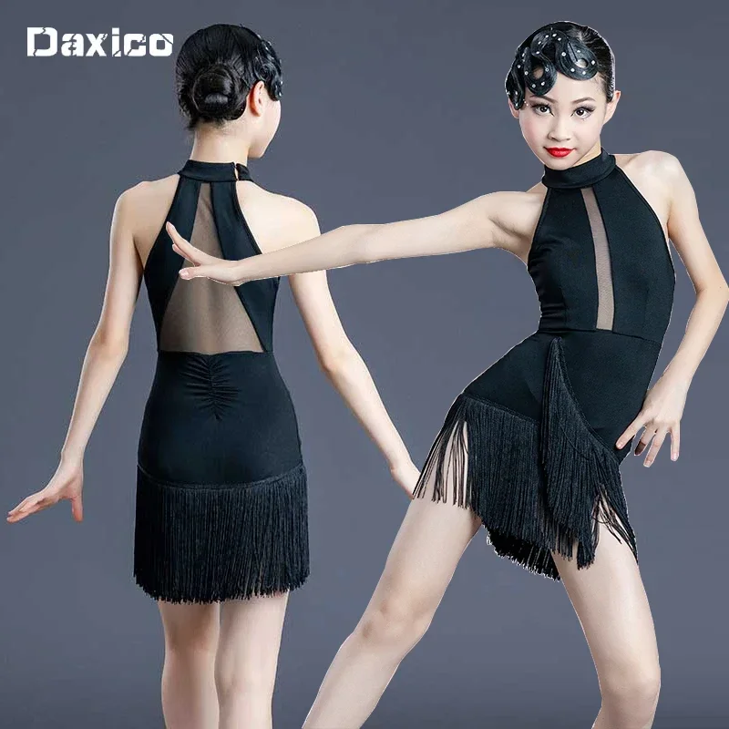 Girl Sexy Latin Dance Dress Black Children Professional Competition Ballroom Dance Dresses Tassel Tanggo Cha-cha Waltz Dancewear