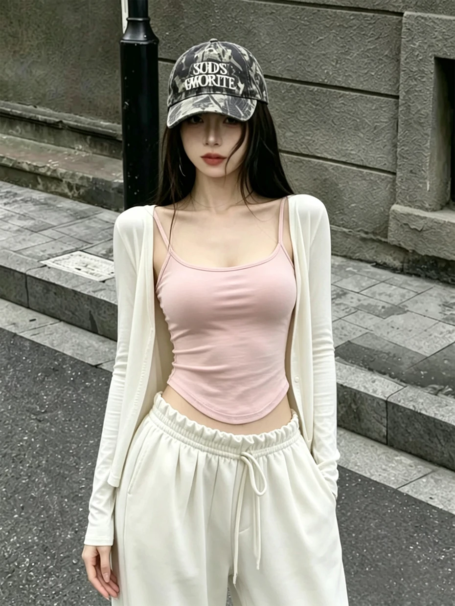 Korean Style Slim Fit Summer Top And Vest Set with Chest Pad Long Sleeve Sun Protection Cardigan And Strapless Design