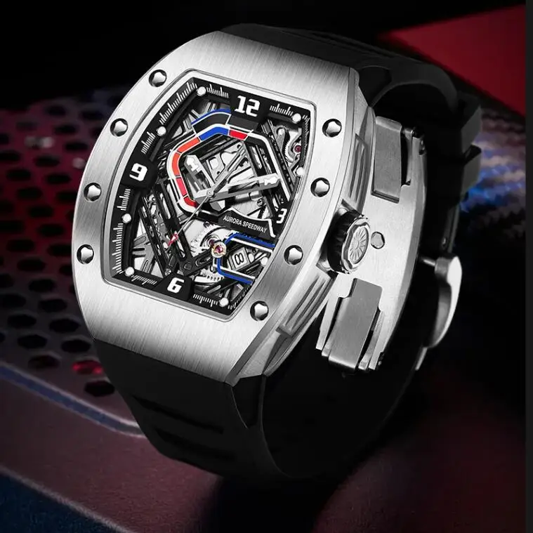 HANBORO Orologio automatico da uomo Orologio da polso meccanico di lusso Cassa tonneau luminosa Quadrante da corsa scavato luminoso impermeabile