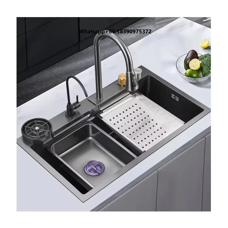 Handmade Stainless Steel Kitchen Undermount Sink Sanitary Ware Single Bowl Double Bowl Waterfall Faucet Nano Surface Treatment