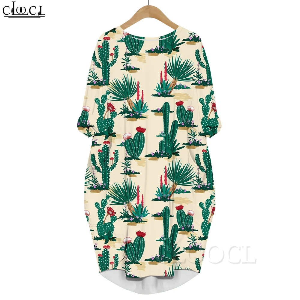 CLOOCL Women Summer Dress Hawaii Desert Flower 3D Printed Loose Daughter Skirt Long Sleeve Pocket Dress Casual Gown Dress