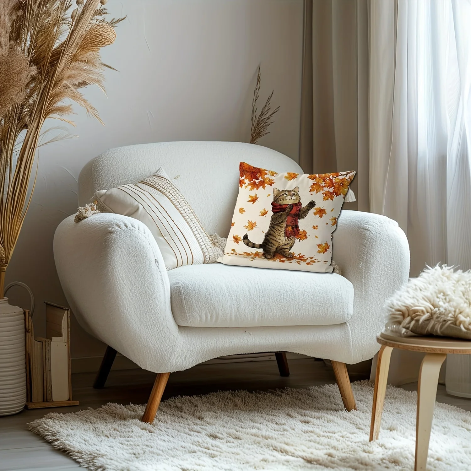 Fall Cat with Red Scarf Print Throw Pillow Cover, Cute Autumn Tabby Cat with Maple Leaves Decorative Cushion