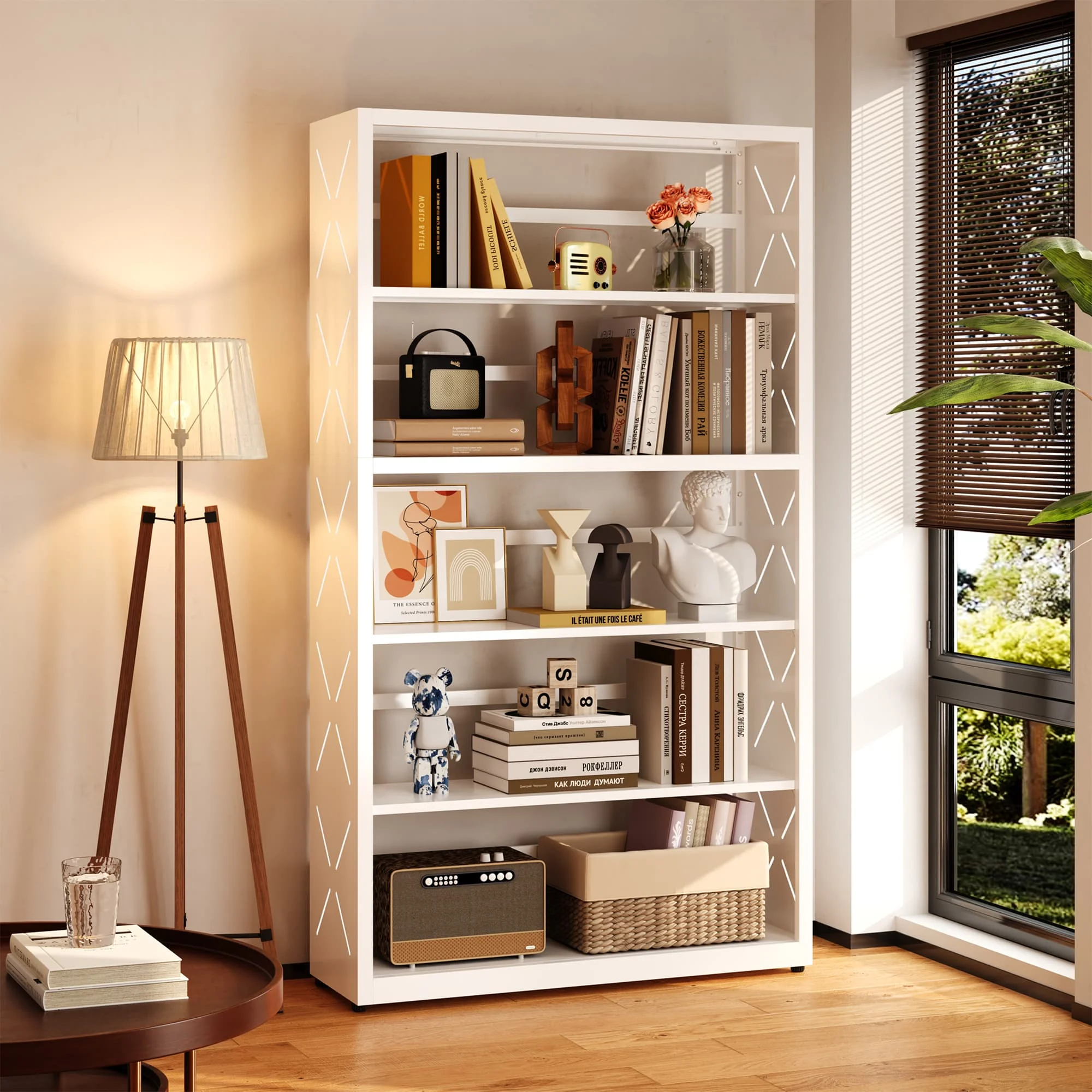 Polup 5-Tier Modern Metal Bookcase White Adjustable Freestanding Bookshelf Scratch-Resistant for Home Office