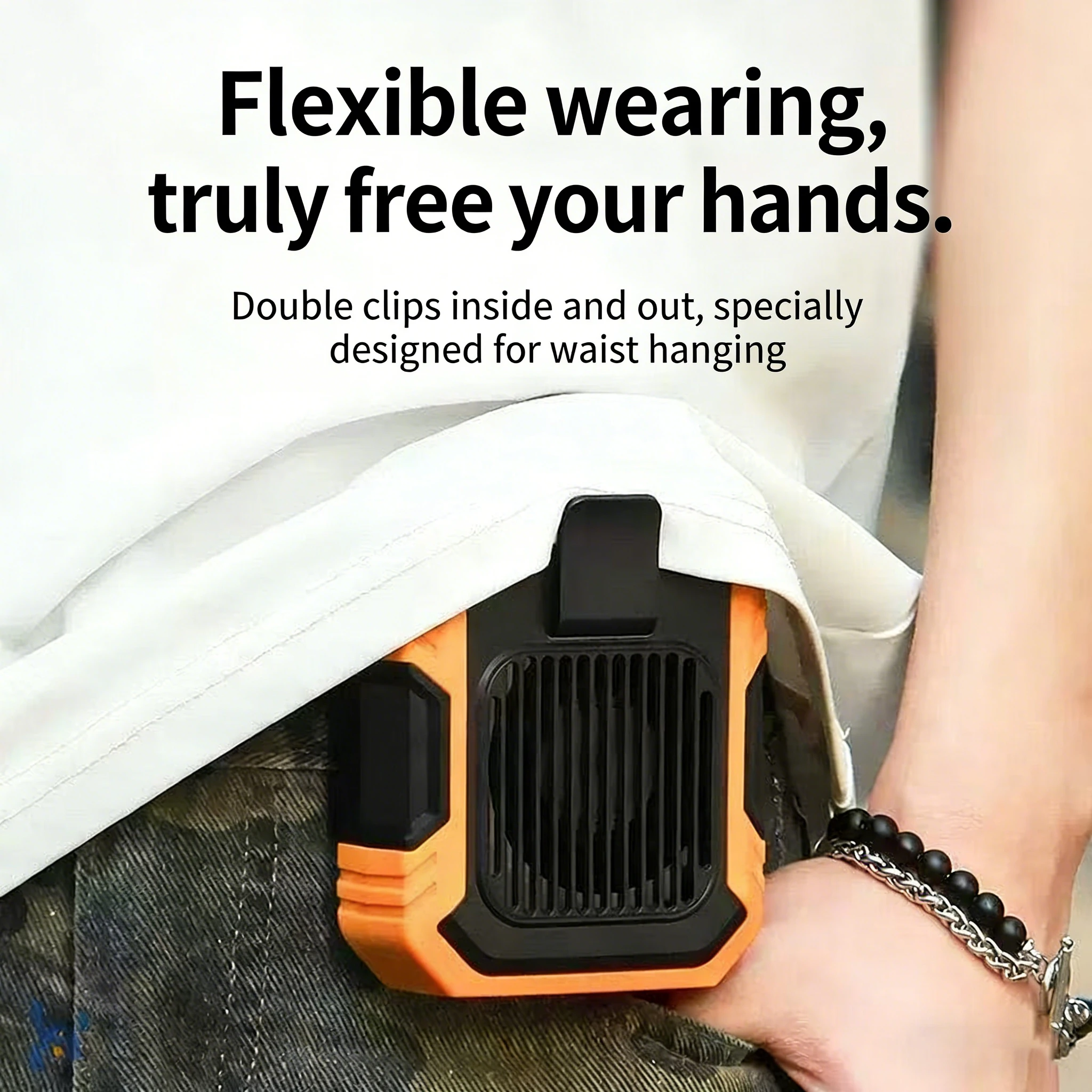 2026 New Upgrade 2W Rechargeable Wearable Waist Fan With LED Flashlight Portable Clip-on Personal Cooling Fan Hands-Free Mini Ai