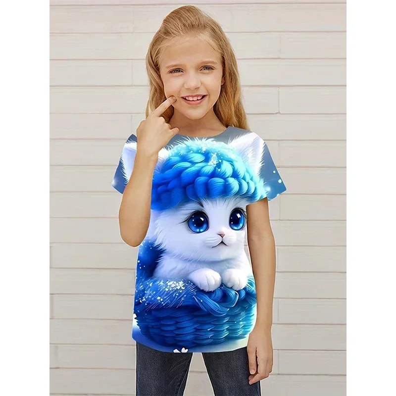 

Blue Cute Cat T Shirt For Girl Tops Costumes Summer Children's T-shirts Clothing Kids Shirt Boy Cartoon Casual Girls T Shirts