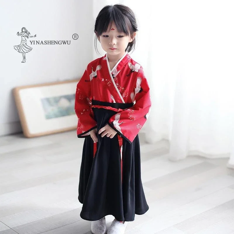 Conjunto de Bata con estampado de grulla para niña pequeña, vestido japonés, Kimono, disfraz para niño, Tops Bordados florales, falda, ropa Yukata para niño