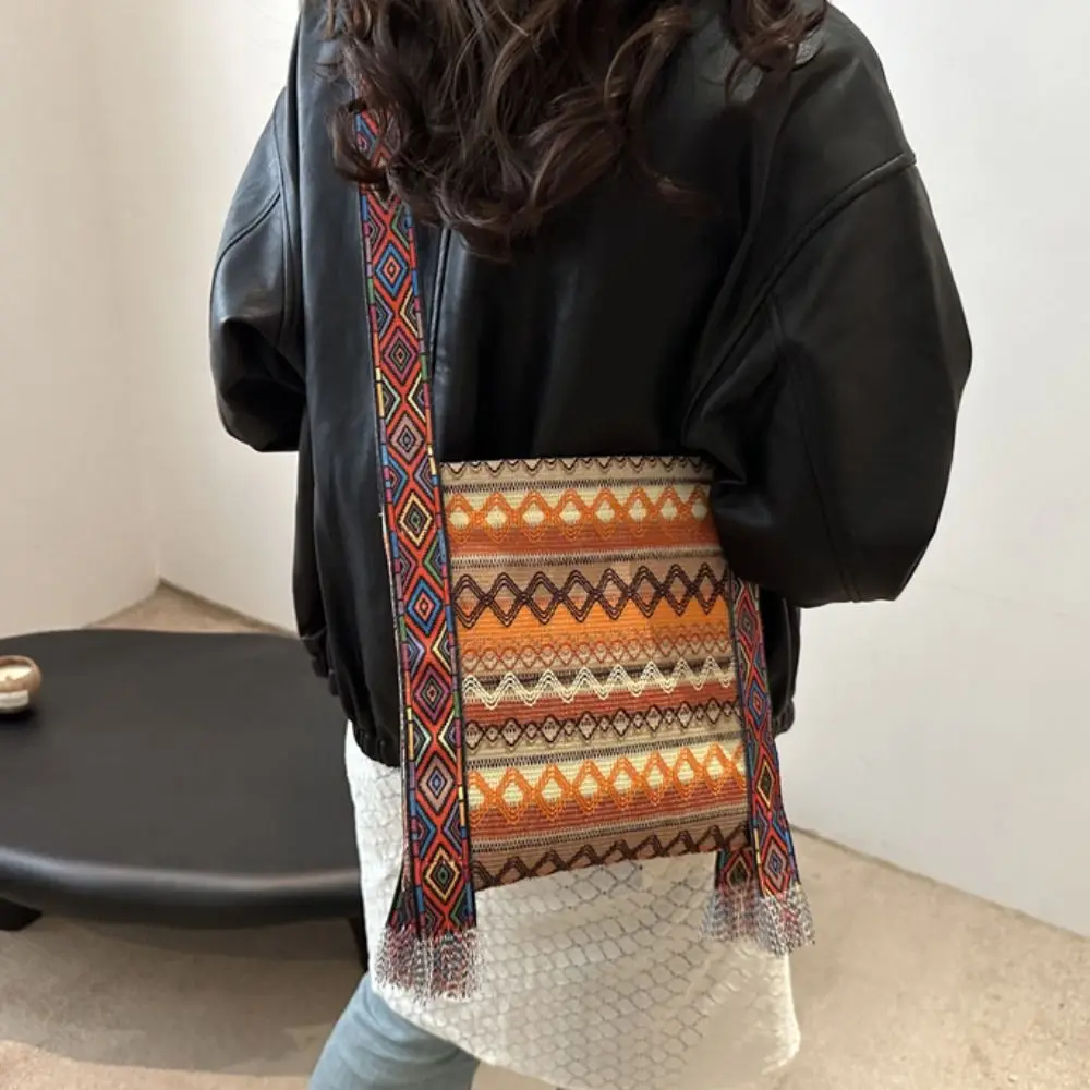 شرابة العرقية نمط حقائب كروسبودي حقيبة من القماش سعة كبيرة هامش حقيبة كتف هندسية حقيبة ساعي حقيبة كتف بوهيمية #4