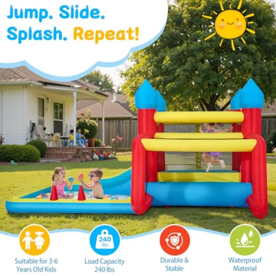 Casa gonfiabile di rimbalzo con scivolo d'acqua Parco acquatico da cortile con area di salto Canestro da basket Calcio e gioco di freccette Ventilatore da 480 W