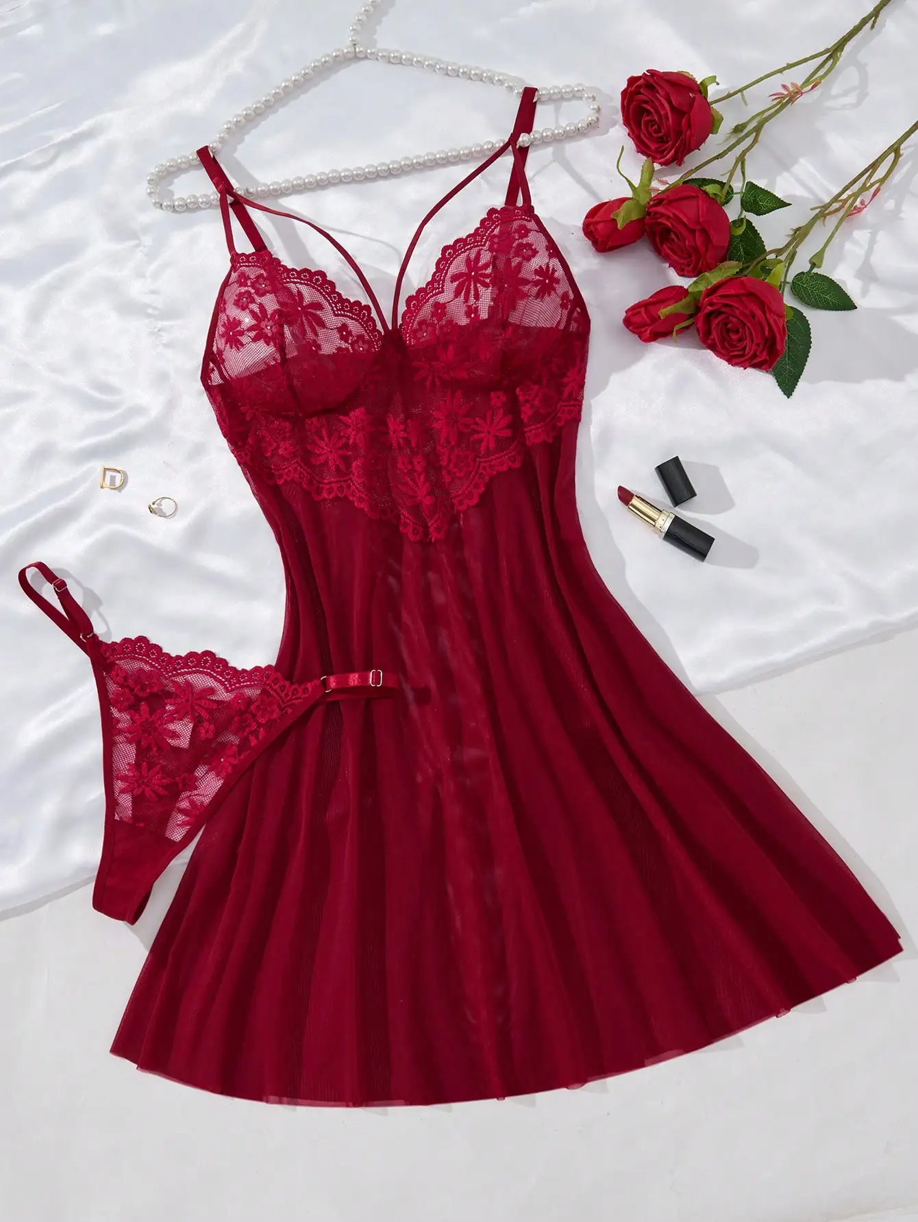 

Wine Red Lace Floral Two-Piece Nightgown Set with Mesh Underwear, Sexy Sleepwear for Home or Gift