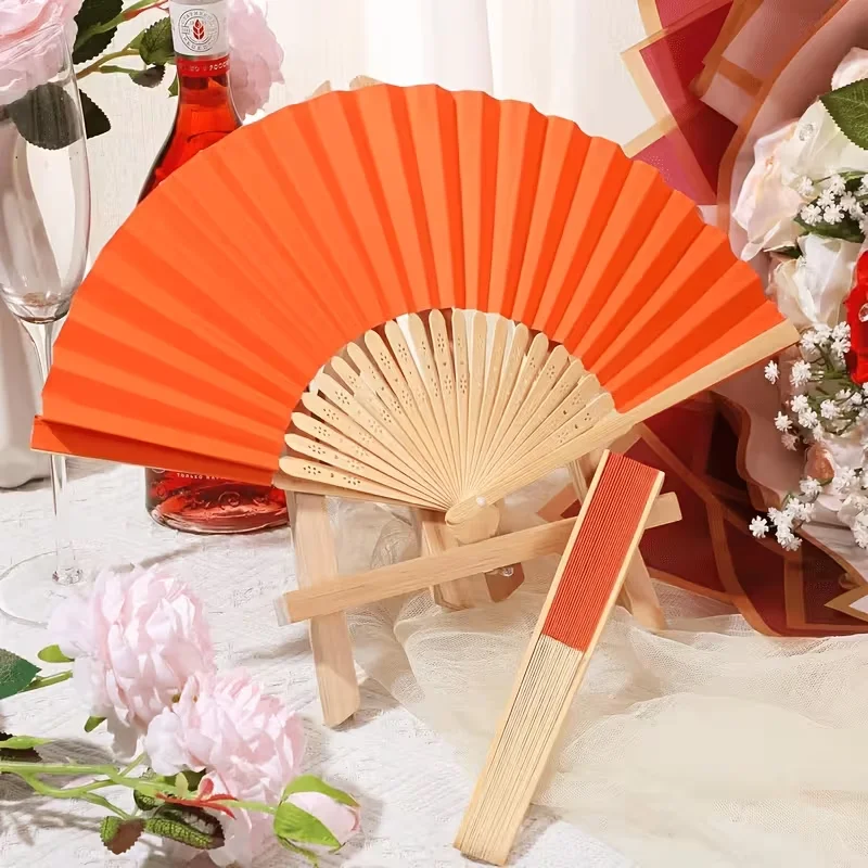 5Sets/10Sets/15Sets/20Sets Orange Paper Folding Fans, Personalized Custom Logo Laser-Engraved Name Paper Fans Suitable for Weddings, Bridal Showers—Orange Handheld Paper Fans with Thank You Cards and Gift Bags, Can Be Used as Wedding Favors, Church Events, Women's Gifts, Perfect for Mother's Day, Graduation Season, Valentine's Day, Christmas - view 4