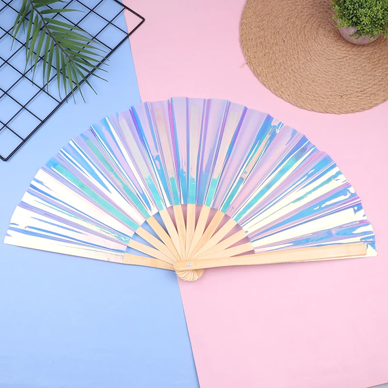 1Pc PVC Tai Chi Fan 33cm Bamboo Fan Laser Kung Fu Folding Fan Craft Gifts Stage Performance Dance Party Photography Props Fan