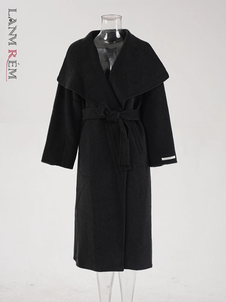 

LANMREM Black Woolen Coats Big Lapel Double Sided Belt Overcoat Female Fashion Clothing 2024 Autumn Winter New CPG1882