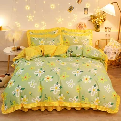 Botanical Floral Duvet Cover with Ruffle Lace Pastoral Style Flowers Comforter Cover 3 Piece Microfiber Reversible Bedding Set