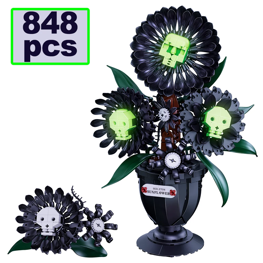848PCS MOC Dark Skeleton Flower Model Bouwstenen Gothic Rose Halloween Moon Flower City Home Ornament Brick Volwassen Speelgoed Cadeau