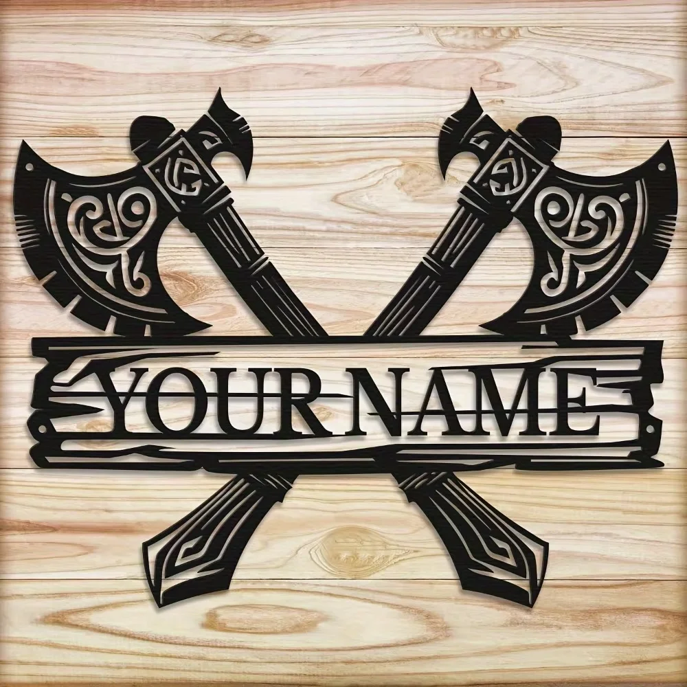 

Unrivaled Handmade Custom Viking Sign. Metal Plaque, Black Finish, Crossed Axe. Tailored for Indoor Holiday Decor.
