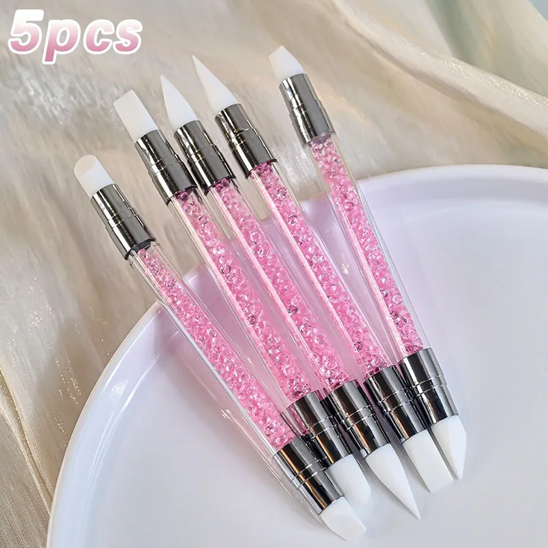5 SZT. Różowy Dwustronny Pędzelek do Paznokci z Cyrkoniami Zestaw Pędzli do Paznokci Francuski Manicure Pędzel do Żelu Budującego Cienki Pędzel do Manicure Narzędzie XJS10