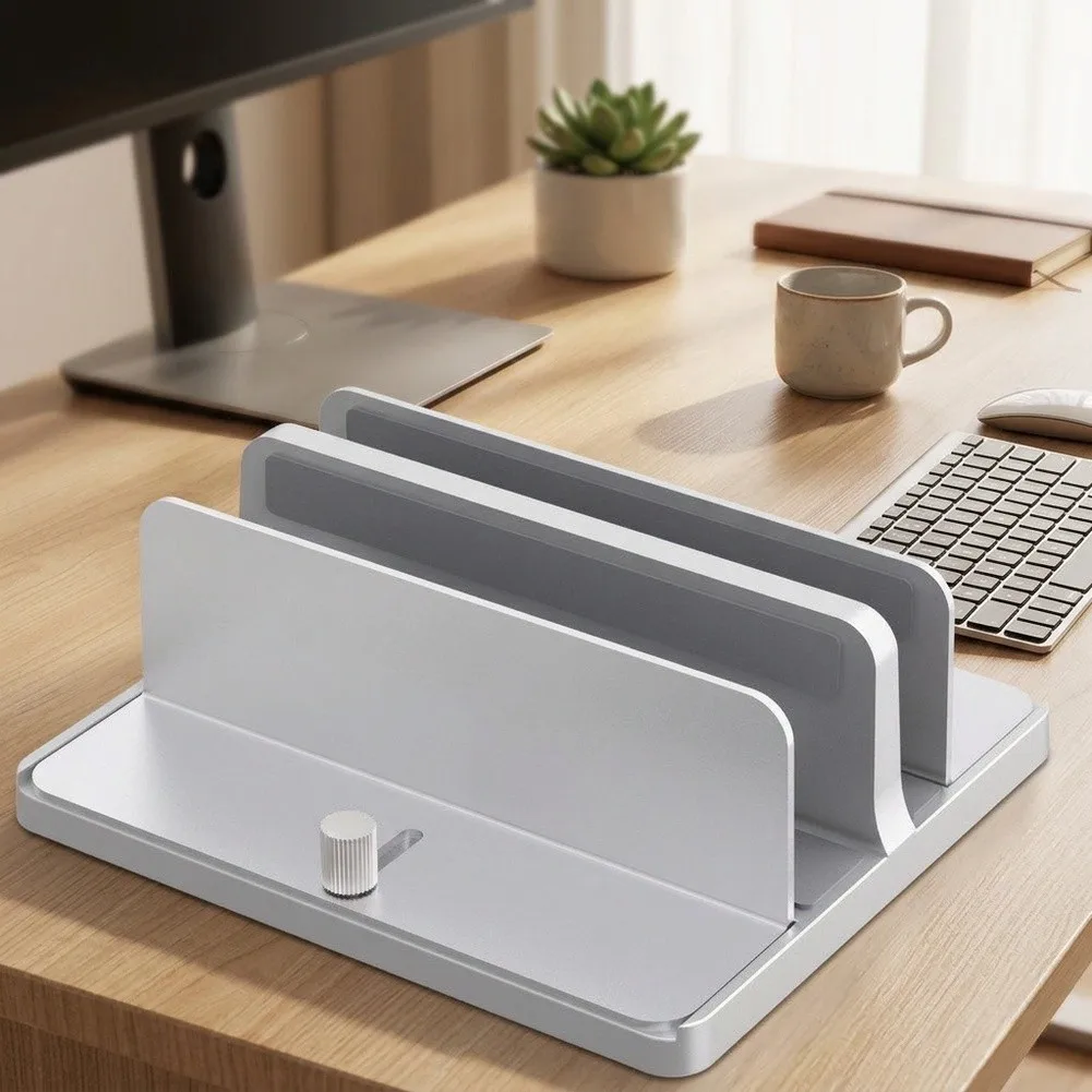 Vertical Laptops Stand With Adjustable Metal Dual Slot Multifunctional Storage Holder Desktop Bracket For Laptops & Tablets