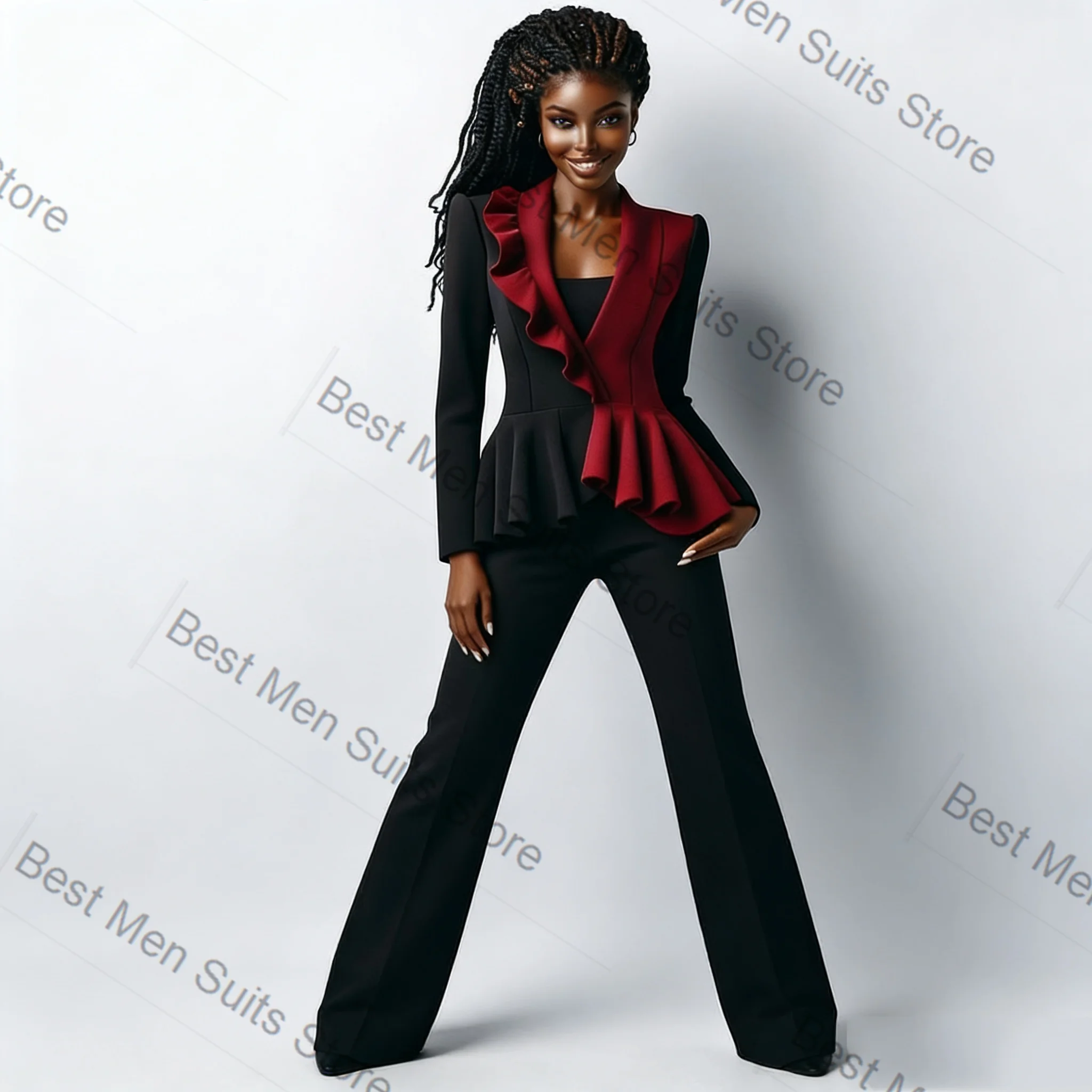 Black Red Women Suit Set 2 Pcs Blazer Pants Trousers Ruffles Formal Office Jacket Customized Wedding Tuxedo Guest Coat