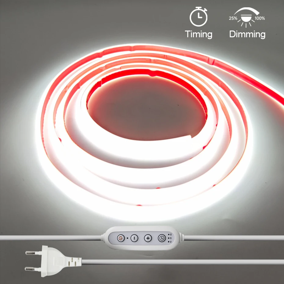 

Светодиодная неоновая лента COB с регулируемой яркостью, самоклеящаяся, 220В, с таймером и диммером, EU/UK/AU, 288 светодиодов/м, водонепроницаемая, гибкая, для дома