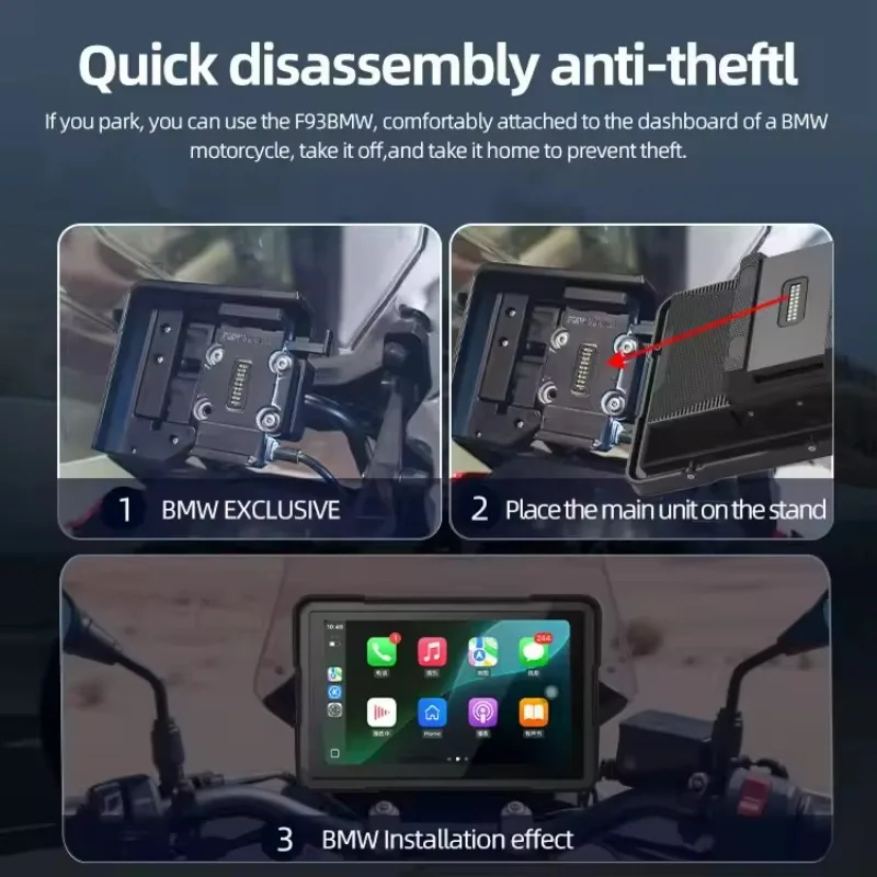 Designed for IP68 waterproof 6-7 inch motorcycle navigation screen: Carplay Android Auto DVR anti-theft